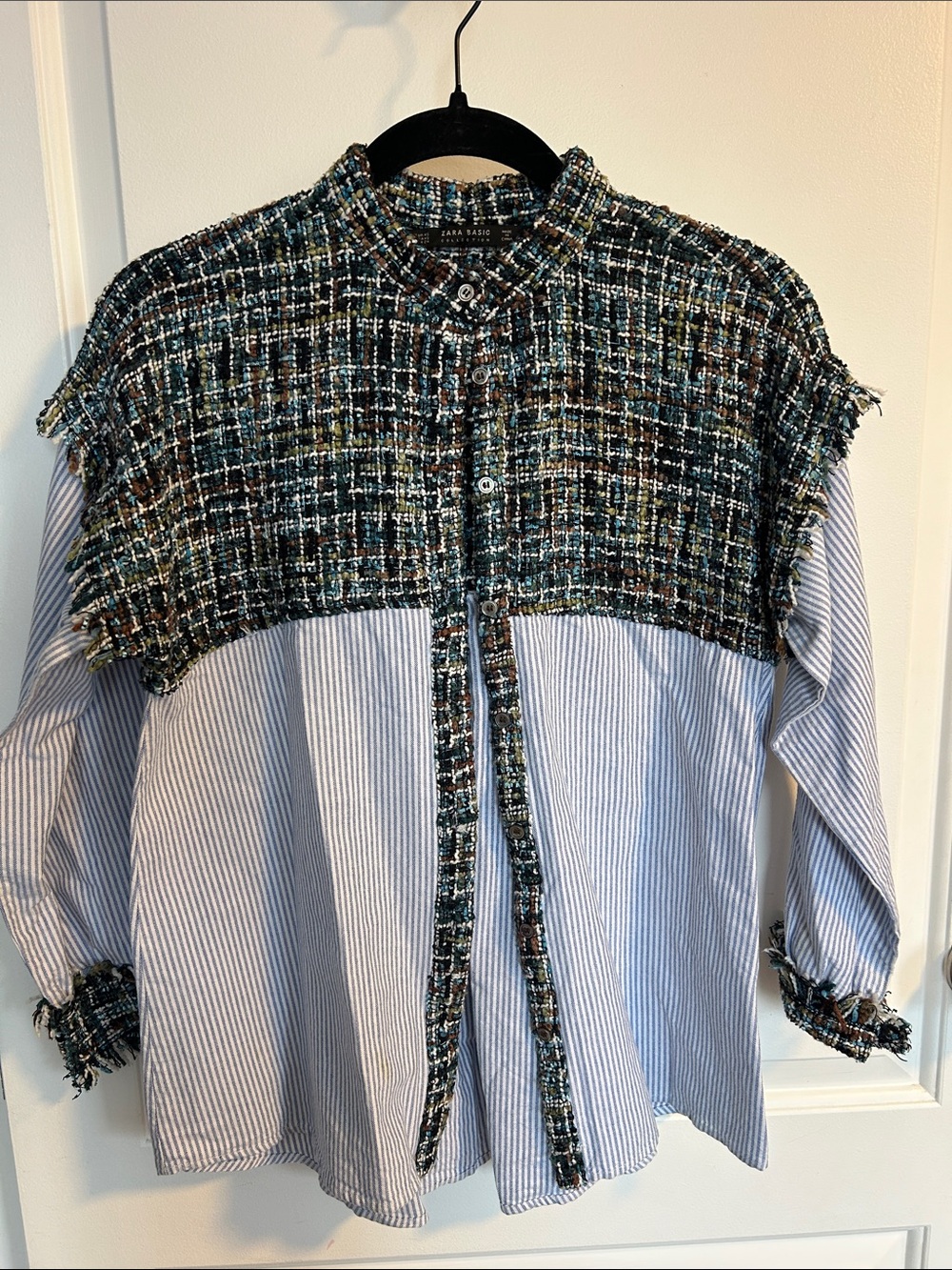 Zara Blue Striped Shirt with Multicolor Tweed Yoke
